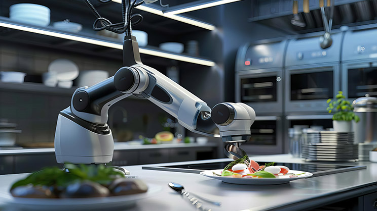 A robotic arm grips a plate of food, illustrating the intersection of robotics and gastronomy.