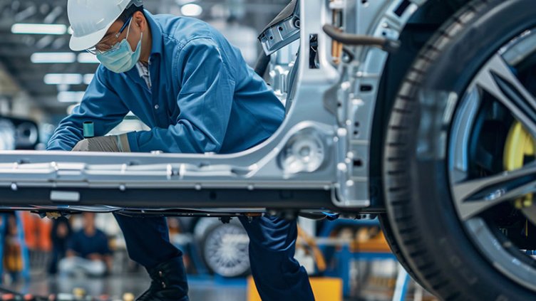 Chinese technician working on EV car battery cells