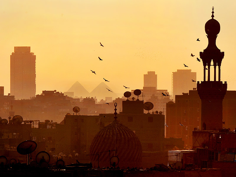 Sunset silhouette of Cairo cityscape with pyramids in background and birds flying.