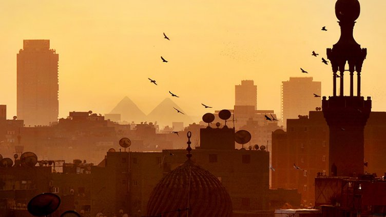 Sunset silhouette of Cairo cityscape with pyramids in background and birds flying.