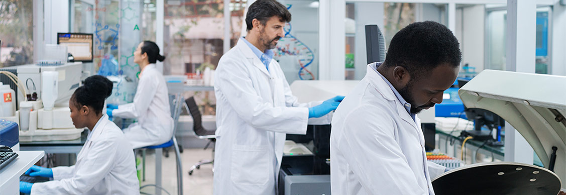 Male and female researchers working in a life sciences laboratory