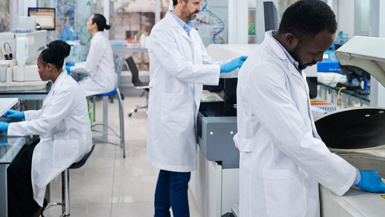 Male and female researchers working in a life sciences laboratory