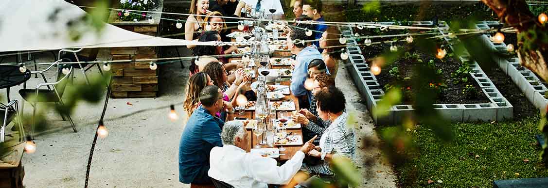 A diverse group of people of mixed ages sitting around a table  together in a communal garden space.