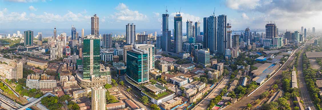 Aerial panoramic view Mumbai's Lower Parel skyline, with Worli, Prabhadevi, Elphinstone, Dadar and Bandra also visible.