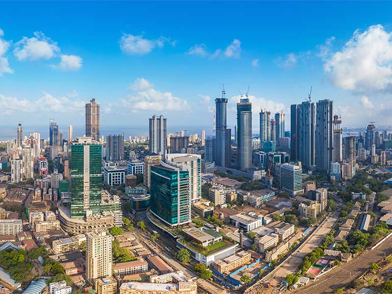 Aerial panoramic view Mumbai's Lower Parel skyline, with Worli, Prabhadevi, Elphinstone, Dadar and Bandra also visible.